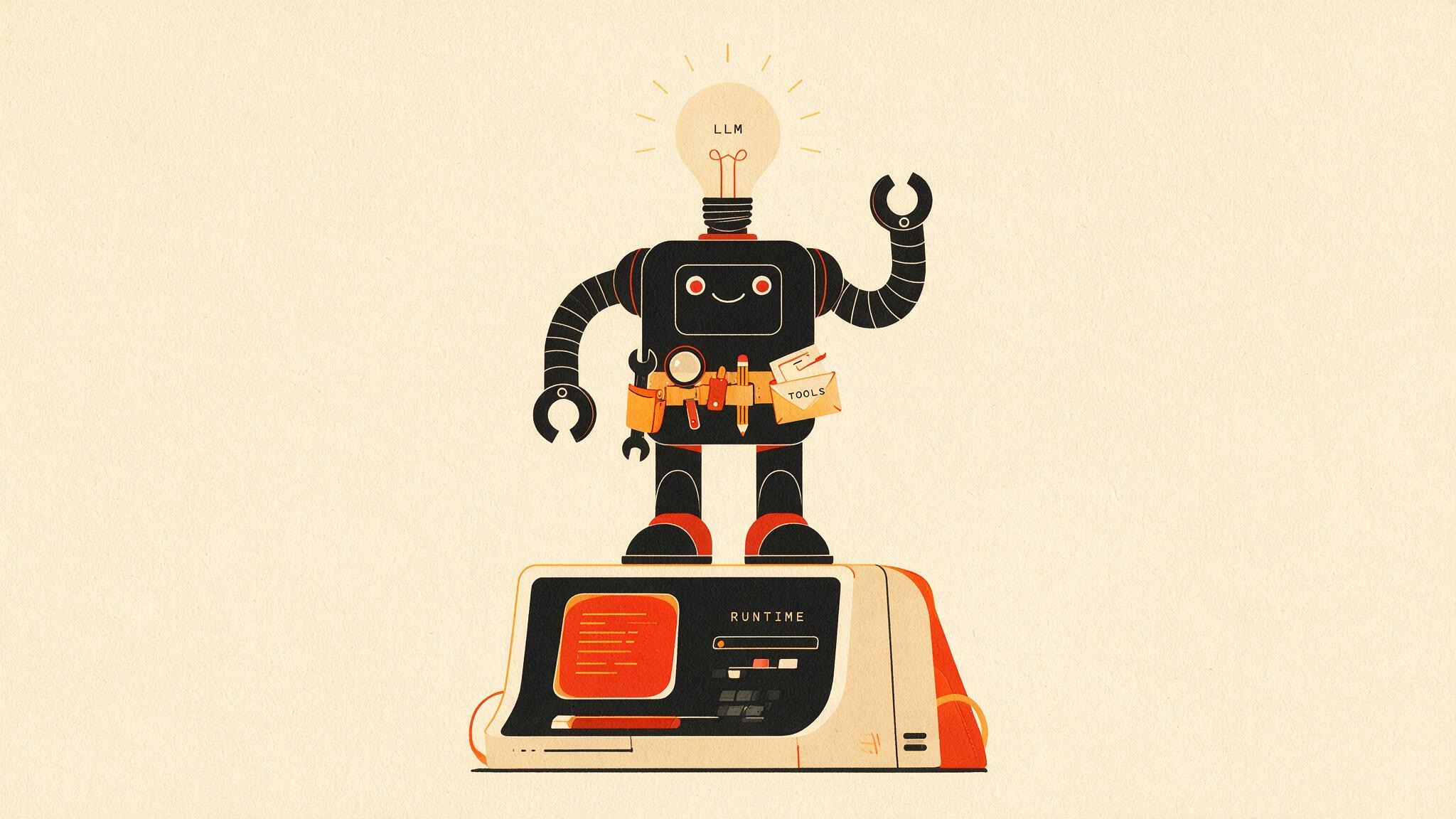 An agent: LLM brains, tool belt, runtime